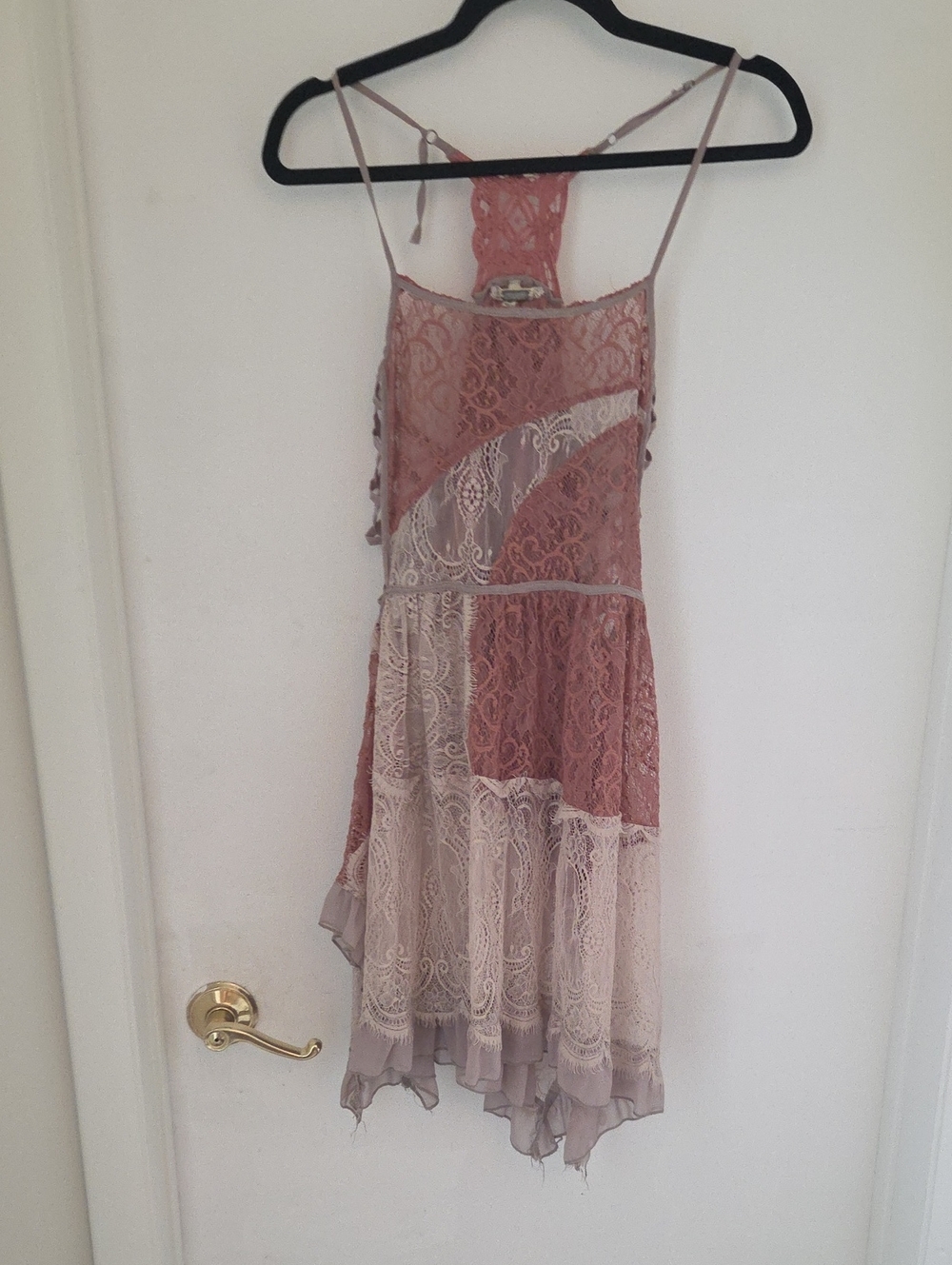 gimmicks by BKE Lace Patchwork High-Low Dress in Dusty Rose and Cream